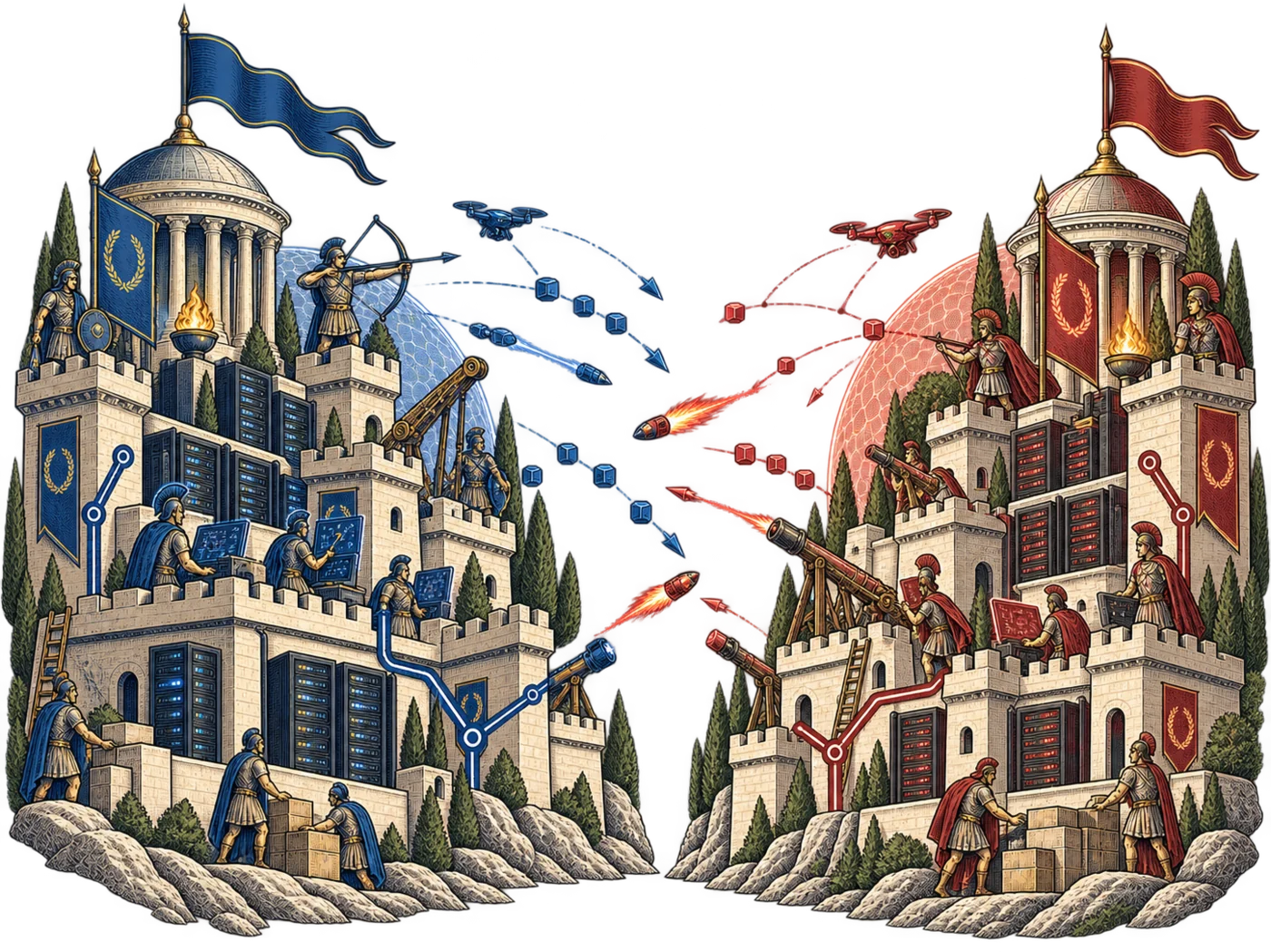Blue and red teams defend fortified systems while attacking one another