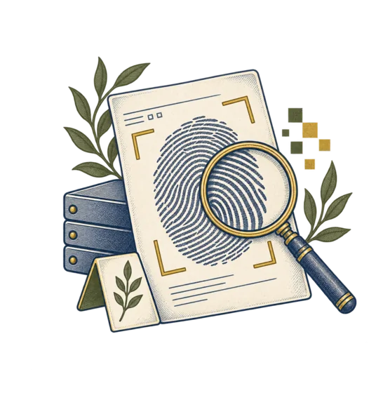 A fingerprint on a document examined through a magnifying glass