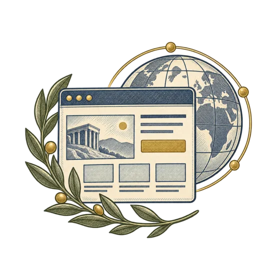 An illustrated browser window in front of a globe