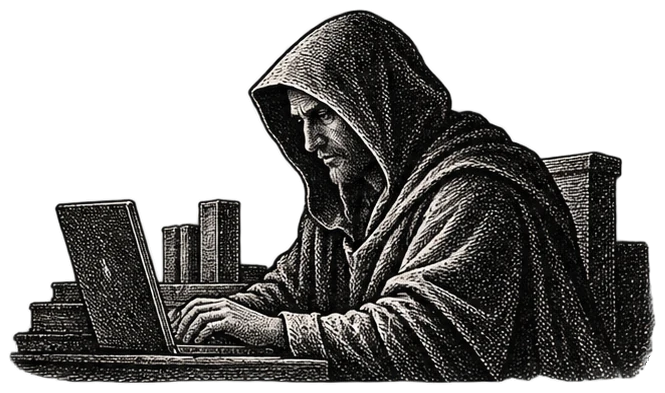 Engraved hooded learner working at a laptop