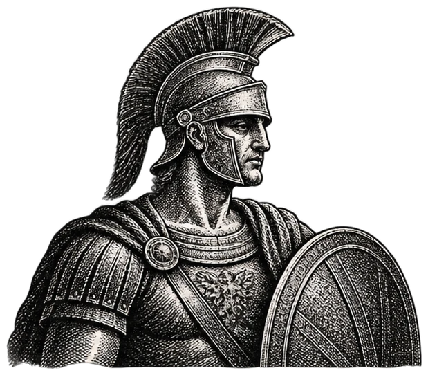 Engraved figure of a warrior with a shield