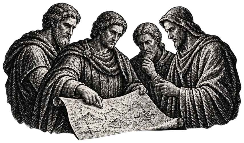 Engraved group studying a map together