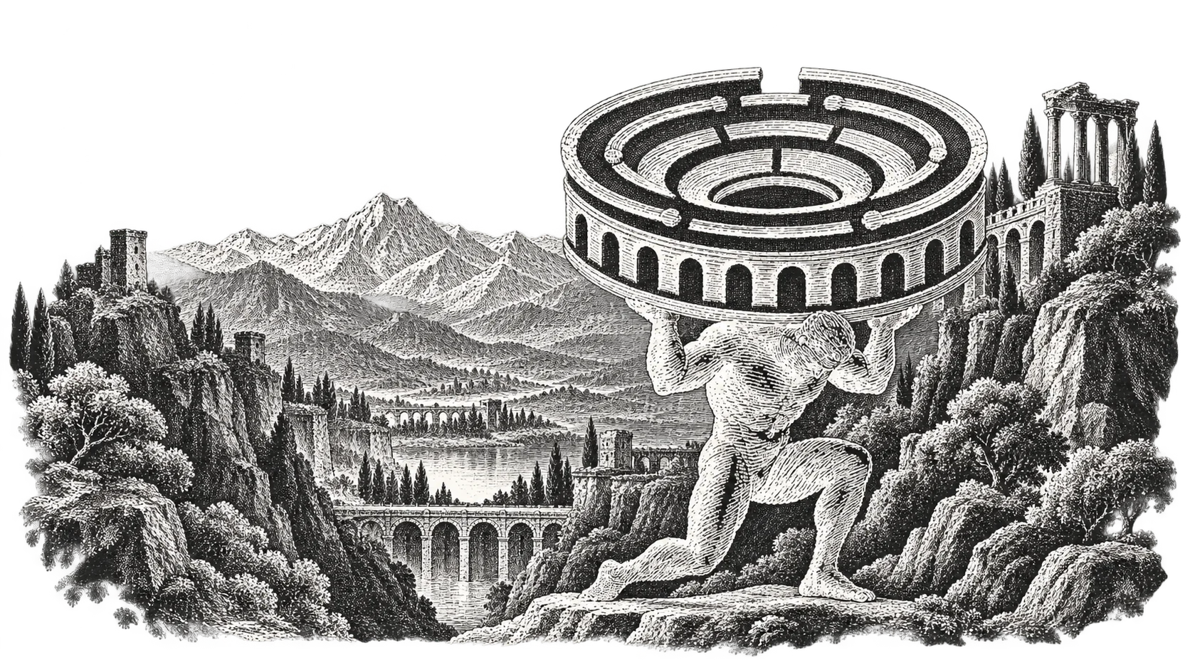 Engraved figure lifting an arena amid mountains, ruins and bridges