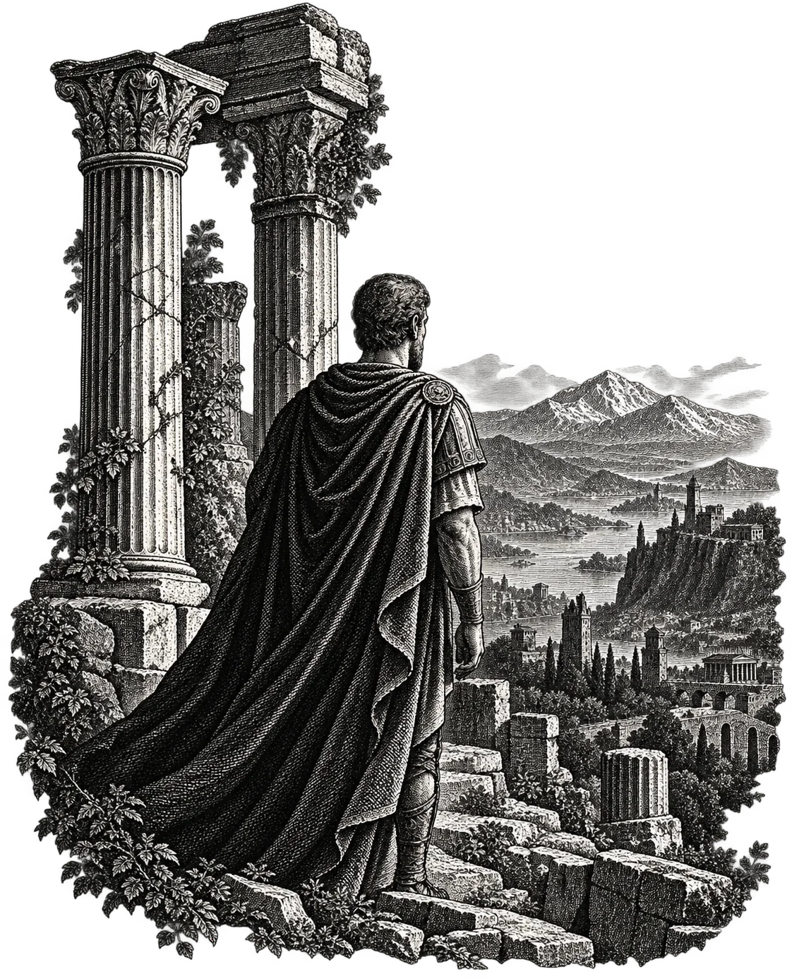 An engraved figure among ancient columns overlooking a mountain city